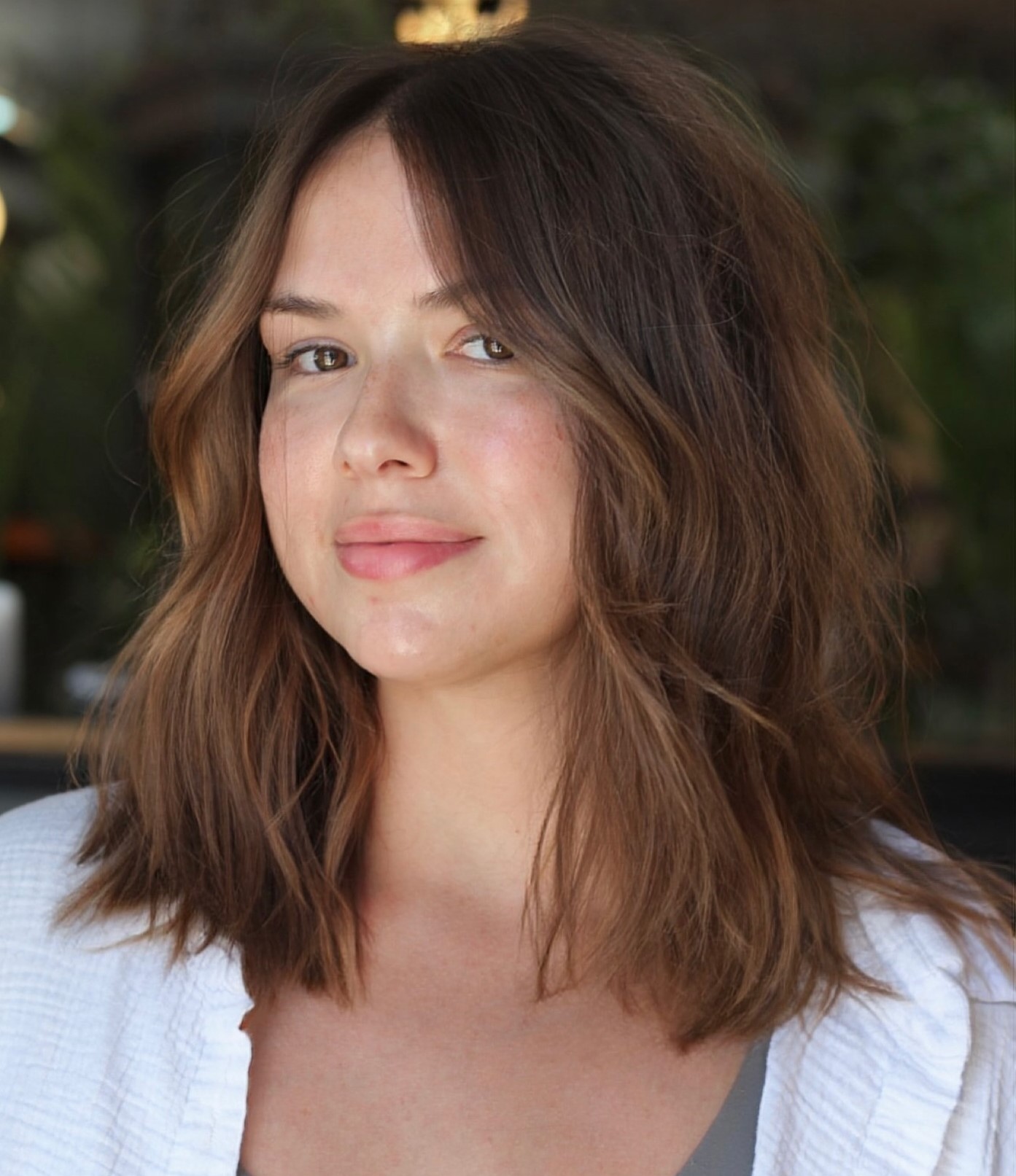 Tousled Long Brunette Bob with Center Part